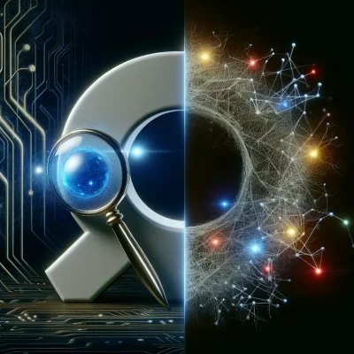 Futuristic digital landscape with AI and Google elements.